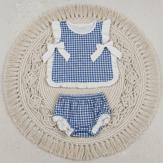 sleeveless navy blue white gingham ruffle bummie set