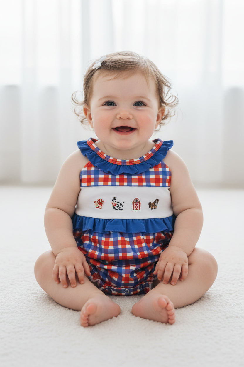 SR3835 embroidery 4th of july gingham farm animal girl romper