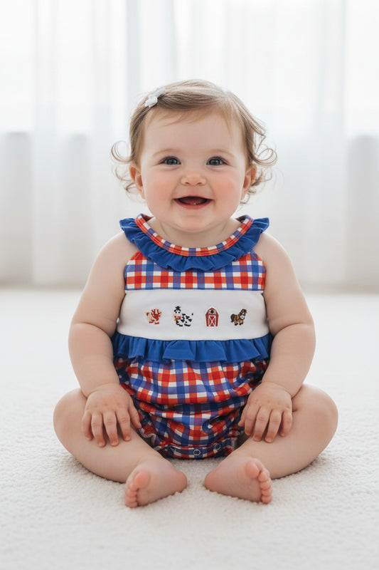 SR3835 embroidery 4th of july gingham farm animal girl romper