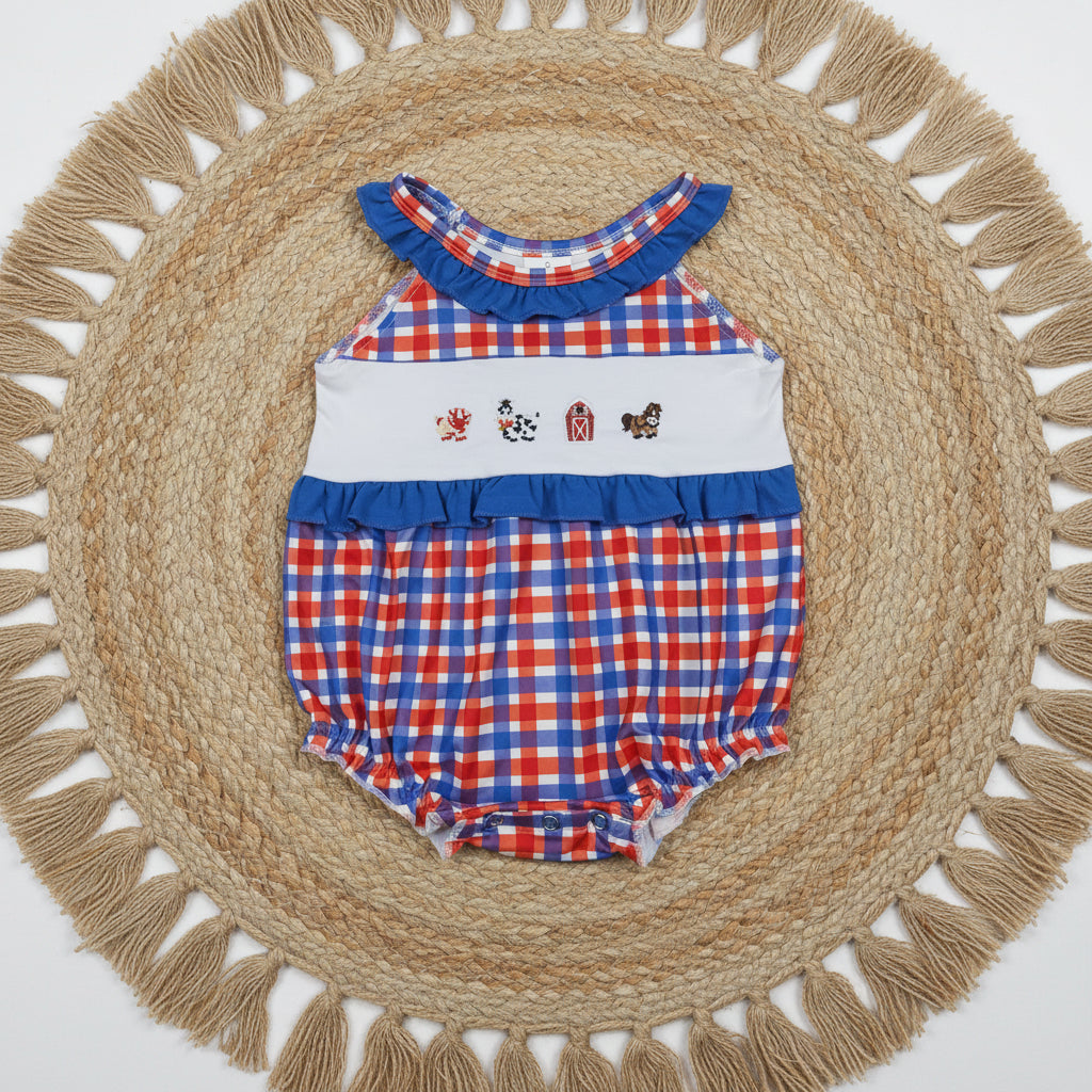 SR3835 embroidery 4th of july gingham farm animal girl romper