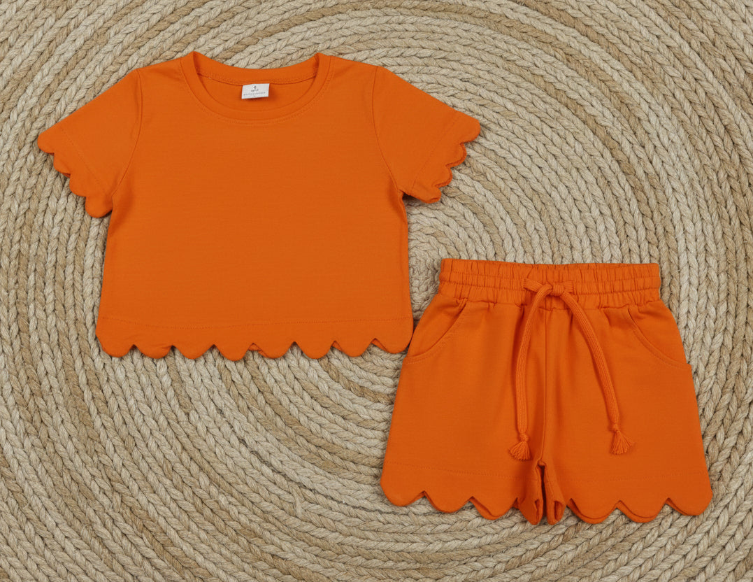 cotton orange scallop shorts set