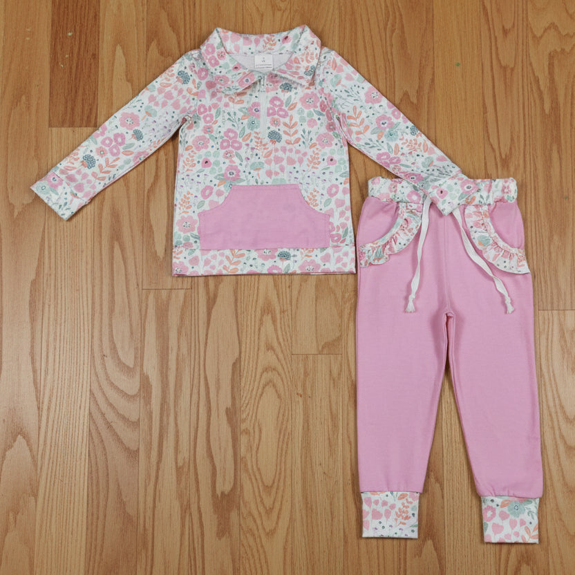 floral zip pullover jogger pants set fall girl outfit