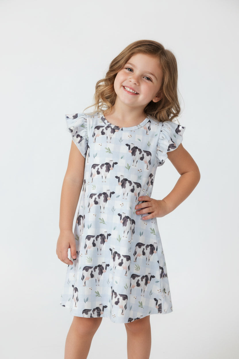 flutter sleeve cow print shirt dress