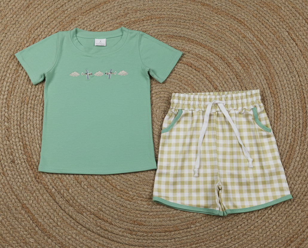 airplane embroidery boy shorts set summer clothes