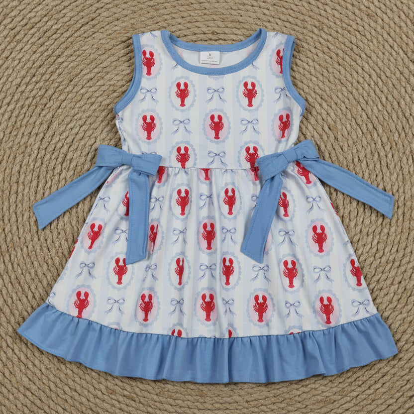 blue bow and crawfish print sleeveless ruffle twirl dress