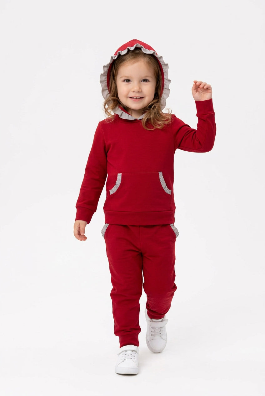solid maroon with gray ruffles hoodie outfit girls clothing