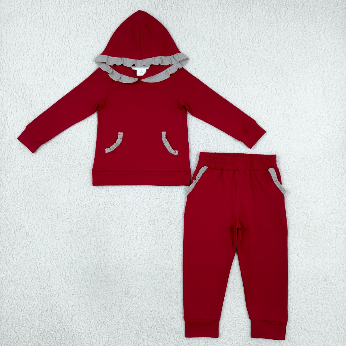 solid maroon with gray ruffles hoodie outfit girls clothing