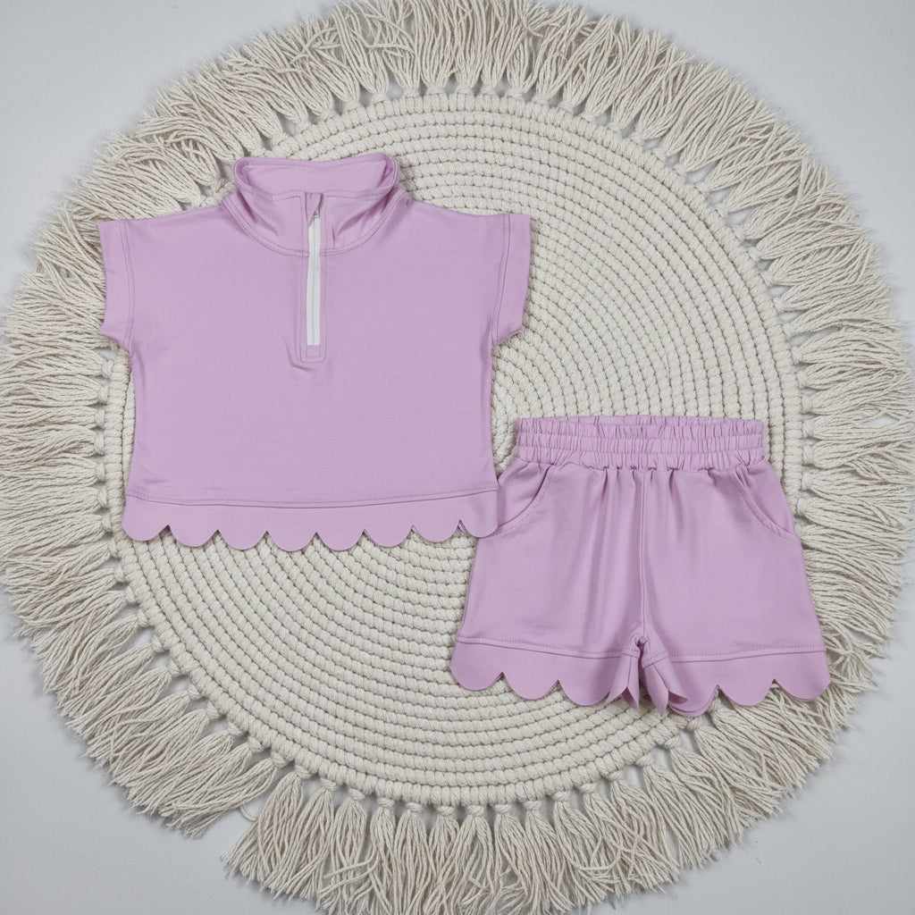 solid cotton lavender zipper scallop shorts set summer girl clothing
