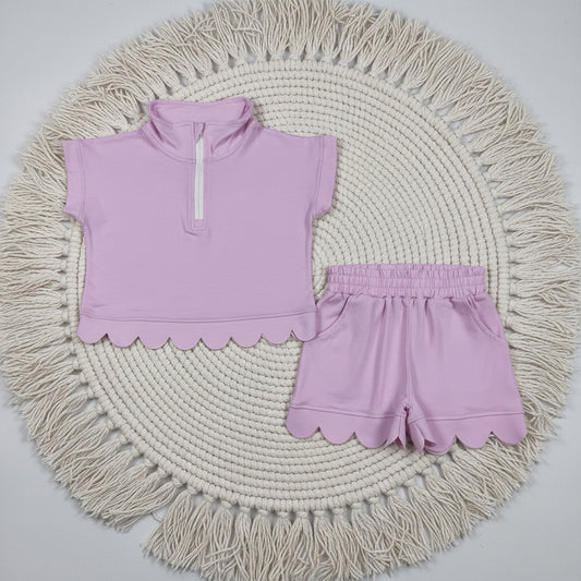 solid cotton lavender zipper scallop shorts set summer girl clothing