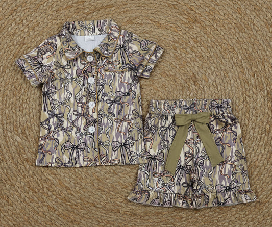 camo bow coquette button down shorts pajama set