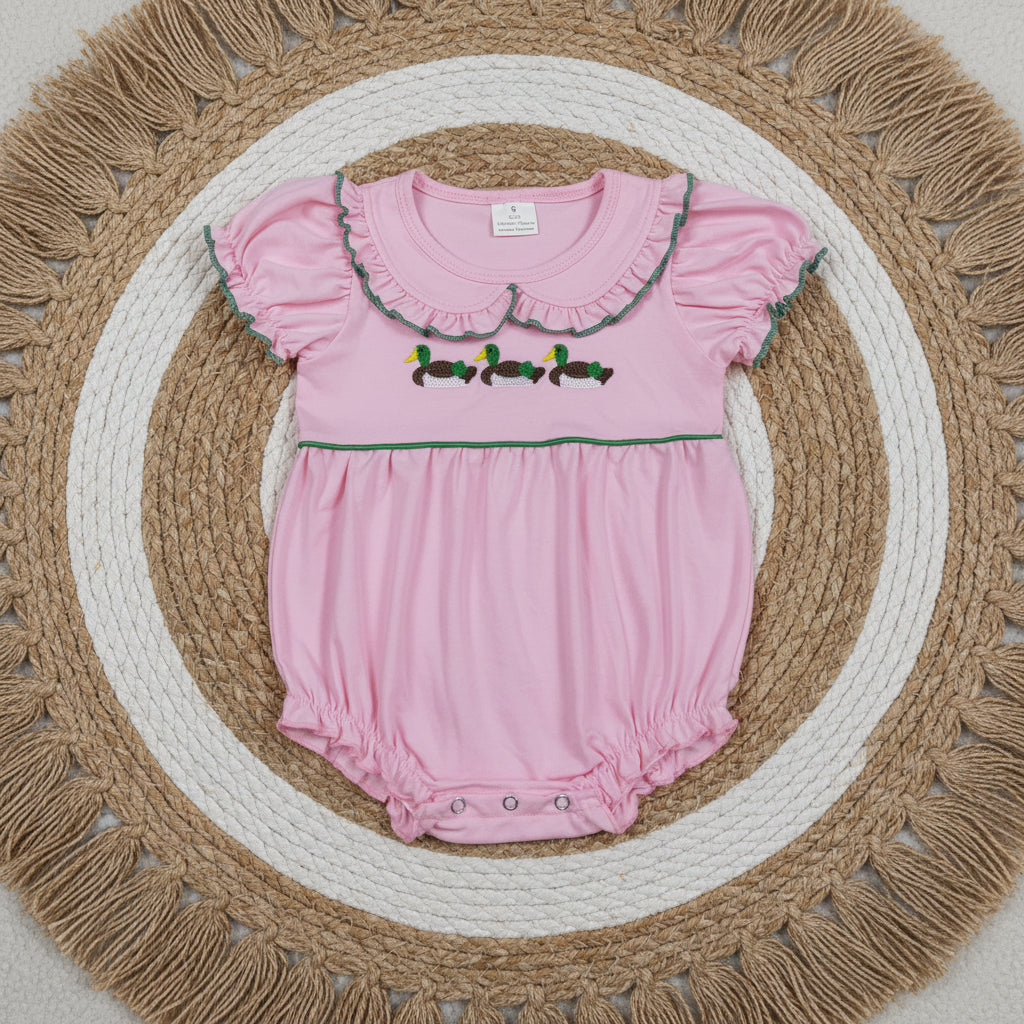 SR3532 pink duck embroidery collared bubble romper infant clothes