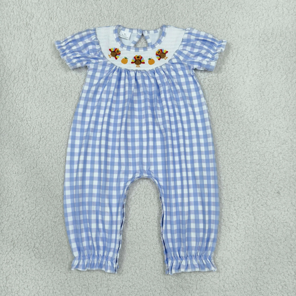 Matching Baby girls Thanksgiving turkey blue plaid long sleeve clothing smocked