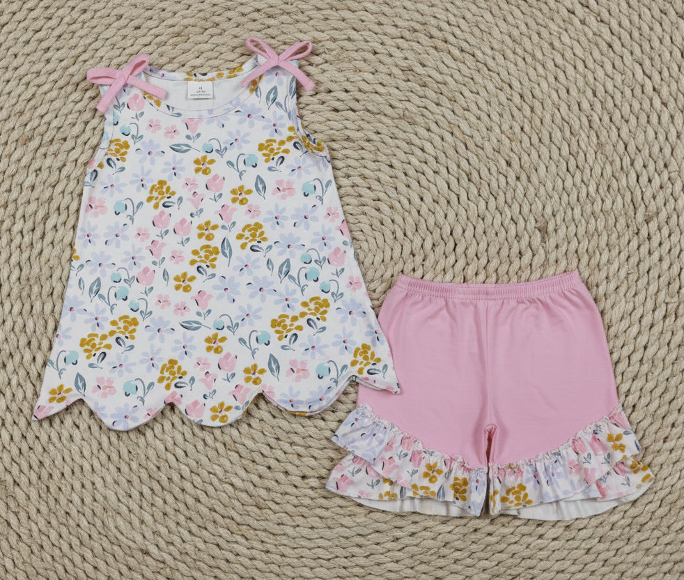 pink floral scallop shorts set summer girl clothing