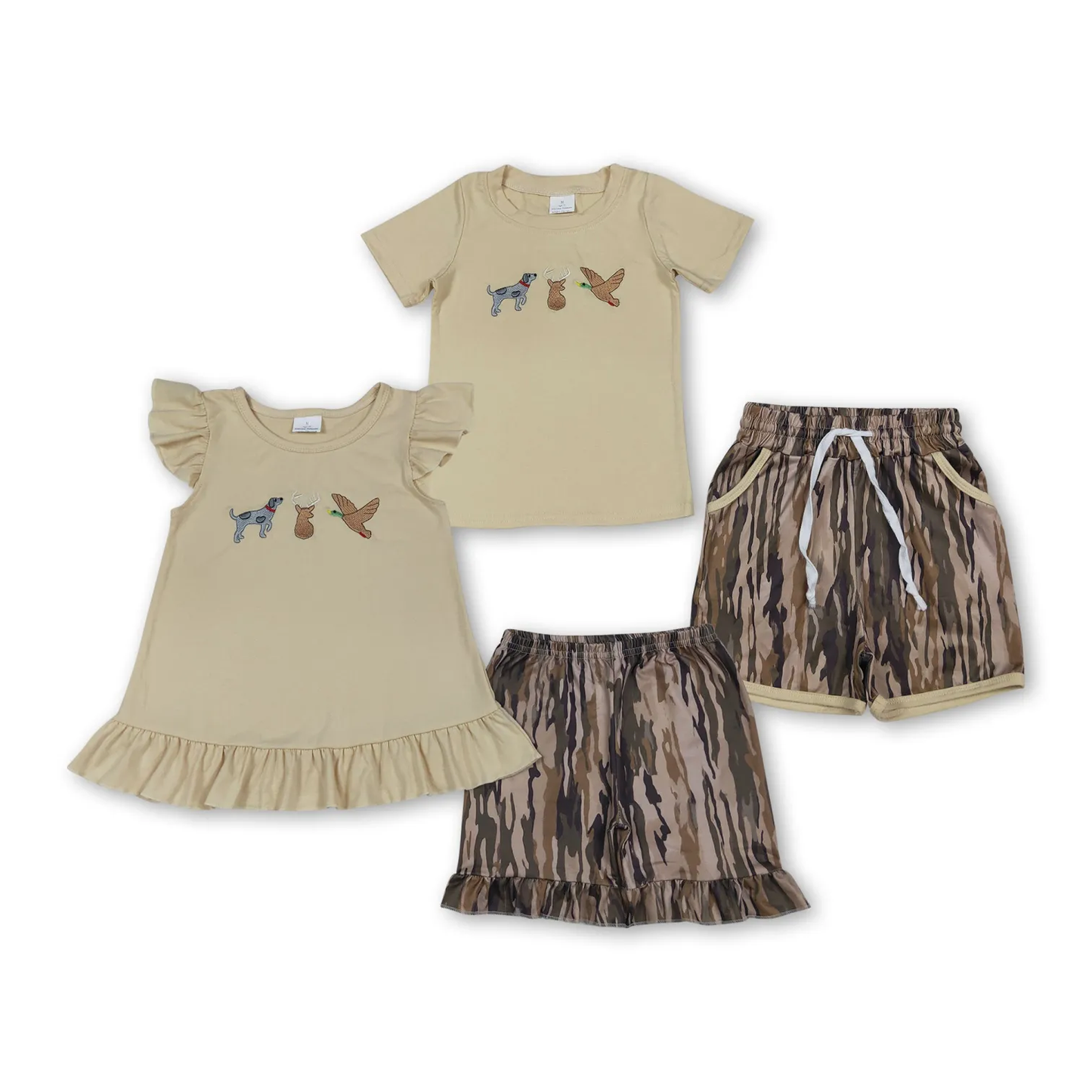 Sibling hunting embroidery camo shorts set