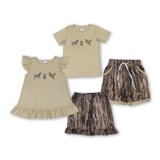 Sibling hunting embroidery camo shorts set
