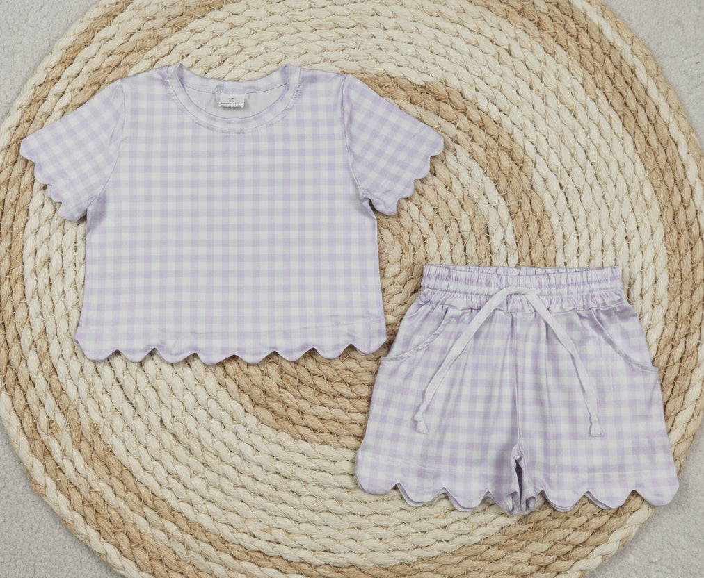 lavender plaid gingham scallop shorts set summer clothing