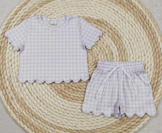lavender plaid gingham scallop shorts set summer clothing