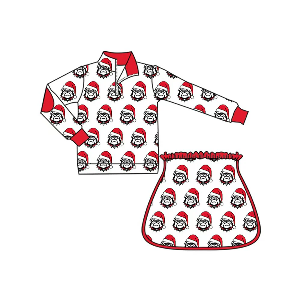Custom  Baby Girls Bulldogs Team Christmas Zip Pullovers Top Skort Shorts Clothes Sets   MOQ3  D 8.13