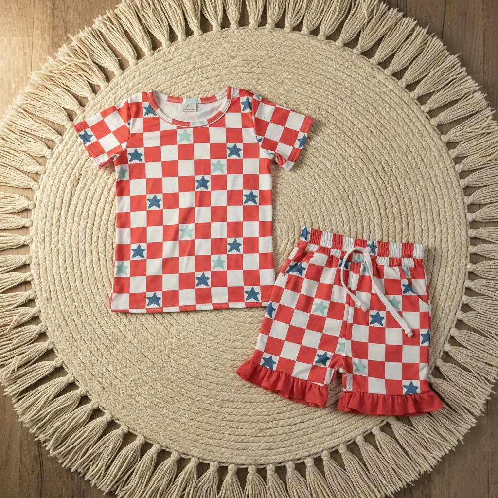 red white blue checkered star ruffle shorts set patriotic girl clothing