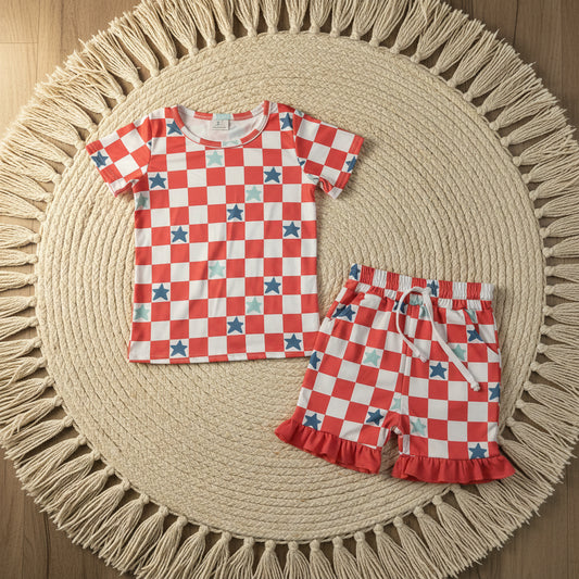 red white blue checkered star ruffle shorts set patriotic girl clothing
