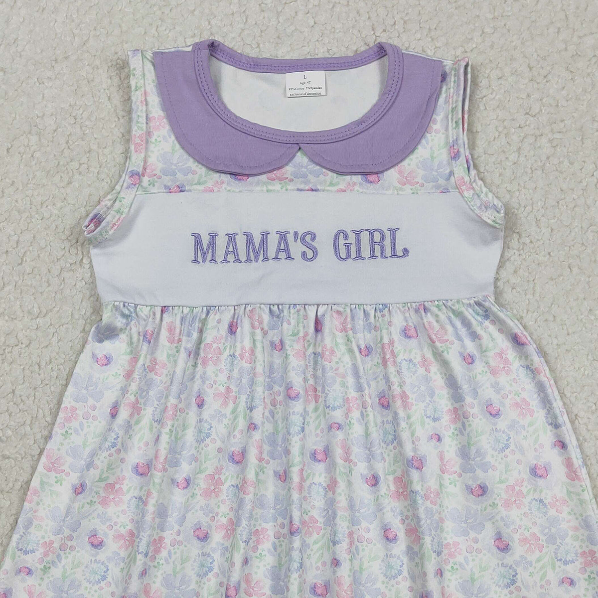 Baby Girls Lavender Floral Embroidery Mama's Girl Knee-Length Dress Feminine Elegant Clothing