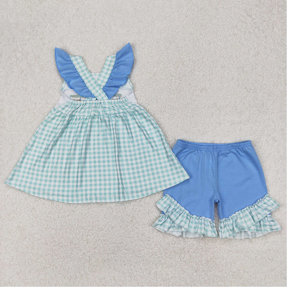 GSSO2148 Baby Girls Green Fishes Straps Tunic Top Ruffle Shorts Clothes Sets  D 3.20