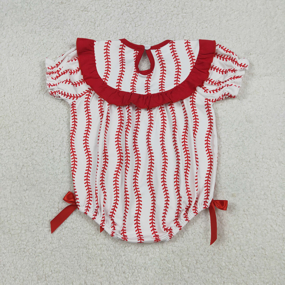 Girls Red Stripe Team Smocked Baseballs Bows Ruffle Rompers for Baby Cute Stripe Smocked Rompers for Little Ones
