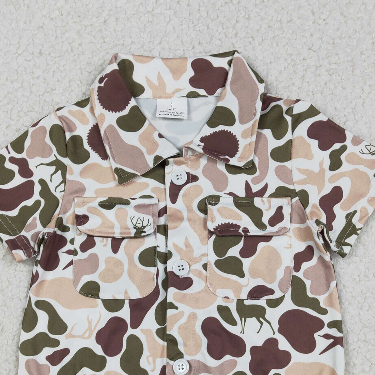 Baby Boys Camouflage Hunting Romper with Button Pockets Featuring Dogs Ducks Deer Print