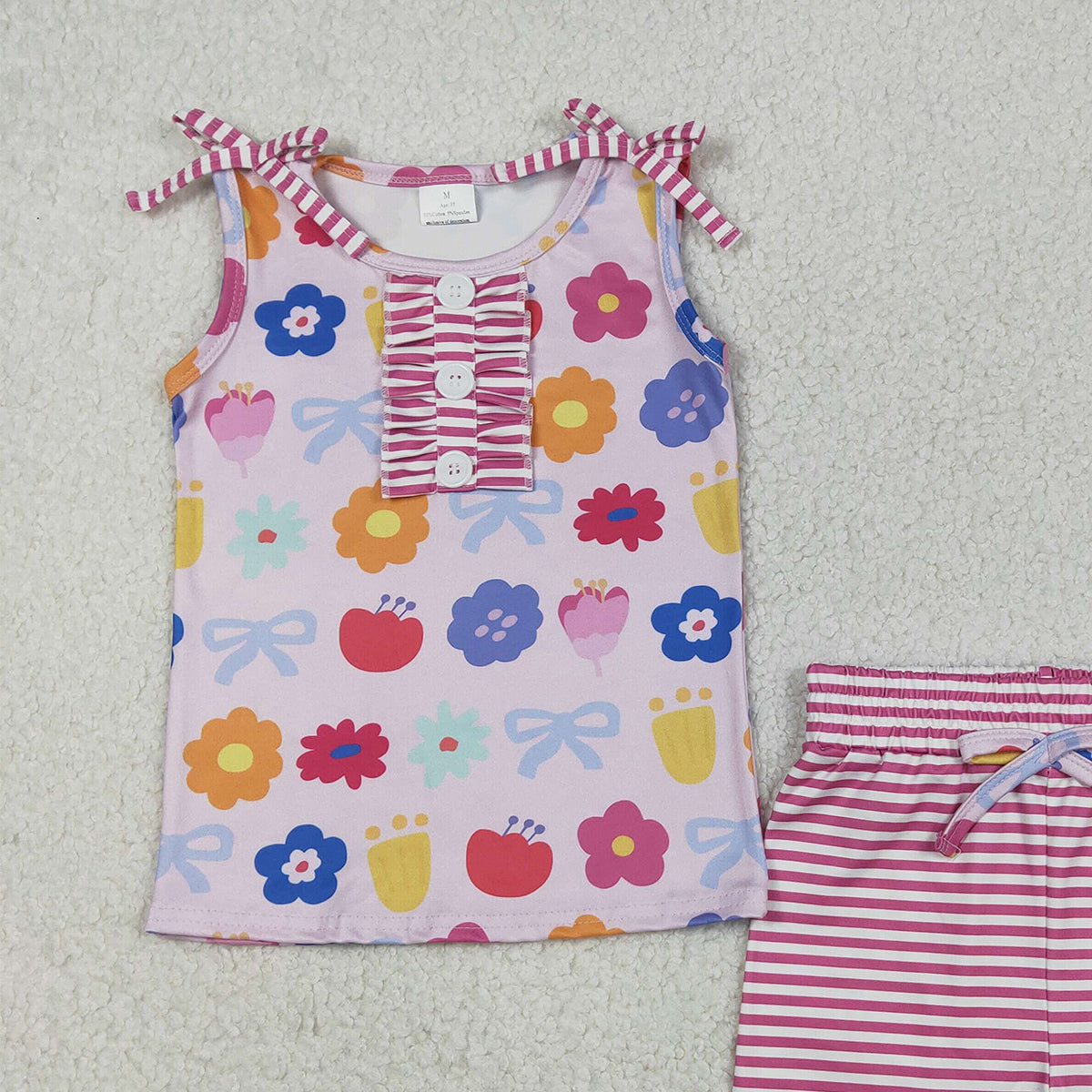 Baby Girls Colorful Flowers Button Top And Stripe Shorts Outfit Set Cute Clothing Ensemble for Infants