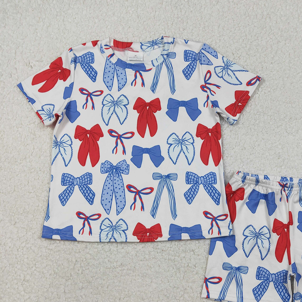 Baby Girls 4th of July Pajamas Set with Blue Red Bows Top And Shorts Patriotic Clothing for Babies