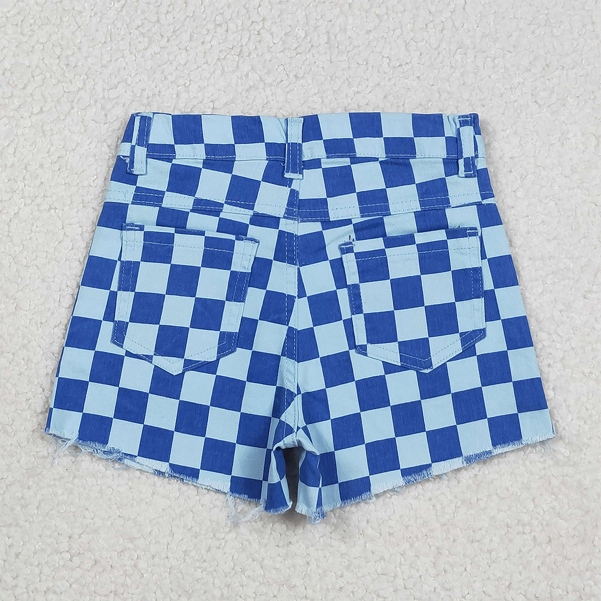 Baby Girls Blue Denim Shorts with Checked Pockets Bottom for Infants