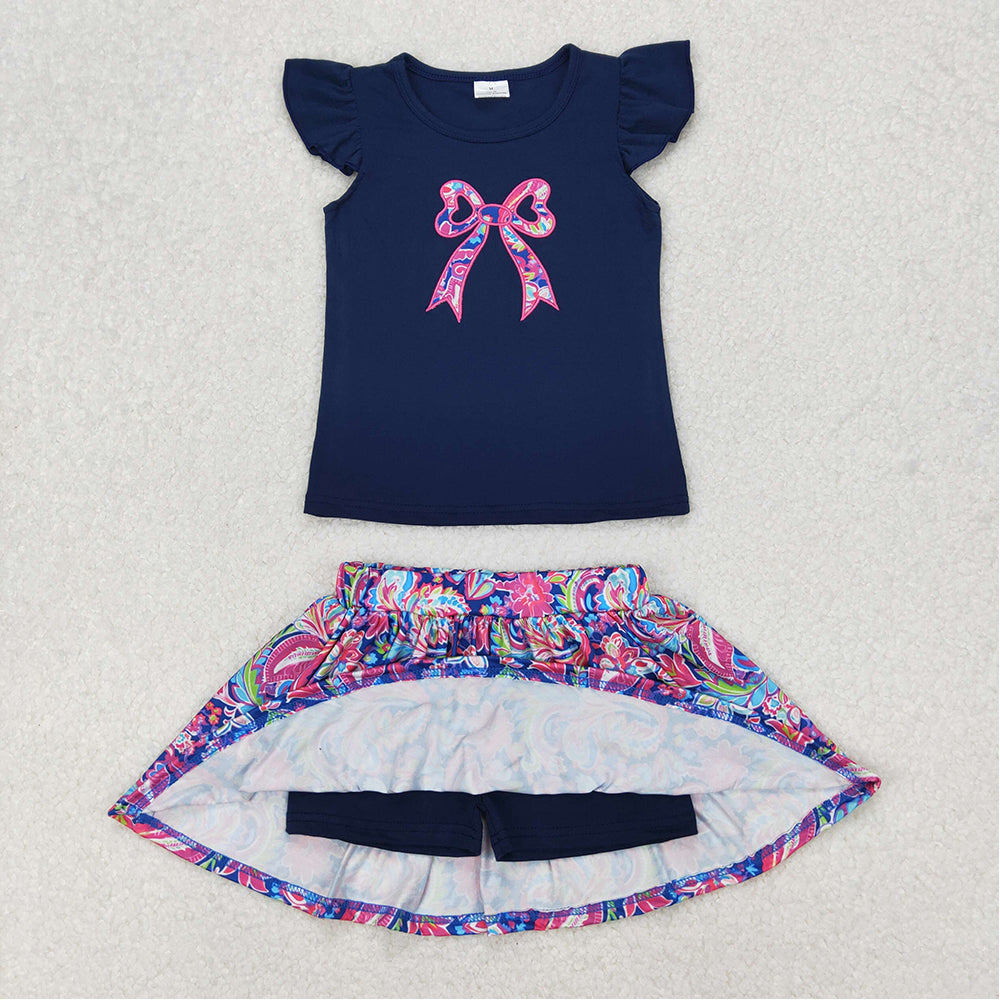 GSD1689   Blue Fly Sleeve Pants Dress Set with Flower Pattern and Bow Tie  D 3.17