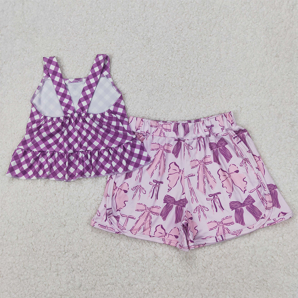 GSSO2035  Baby Girls Purple Checkered Straps Top Bows Shorts Clothes Sets  D 4.1