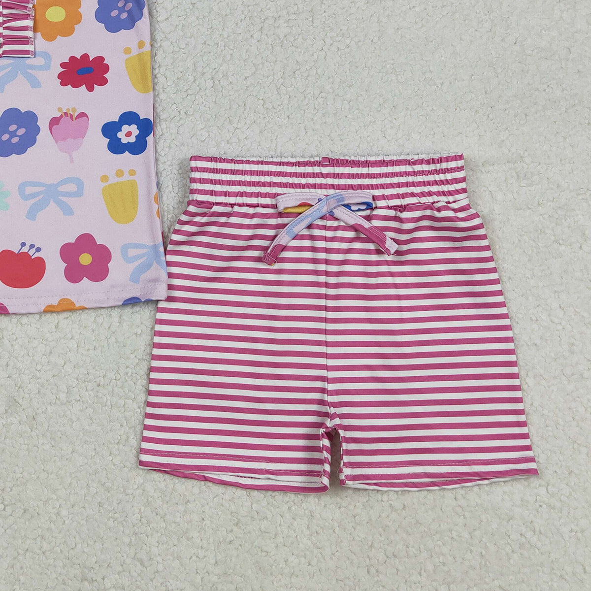 Baby Girls Colorful Flowers Button Top And Stripe Shorts Outfit Set Cute Clothing Ensemble for Infants