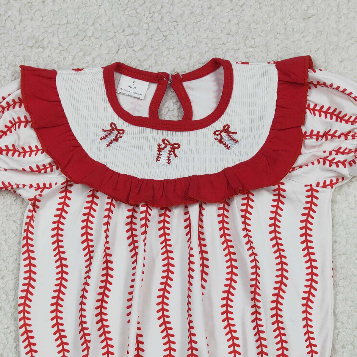 Girls Red Stripe Team Smocked Baseballs Bows Ruffle Rompers for Baby Cute Stripe Smocked Rompers for Little Ones