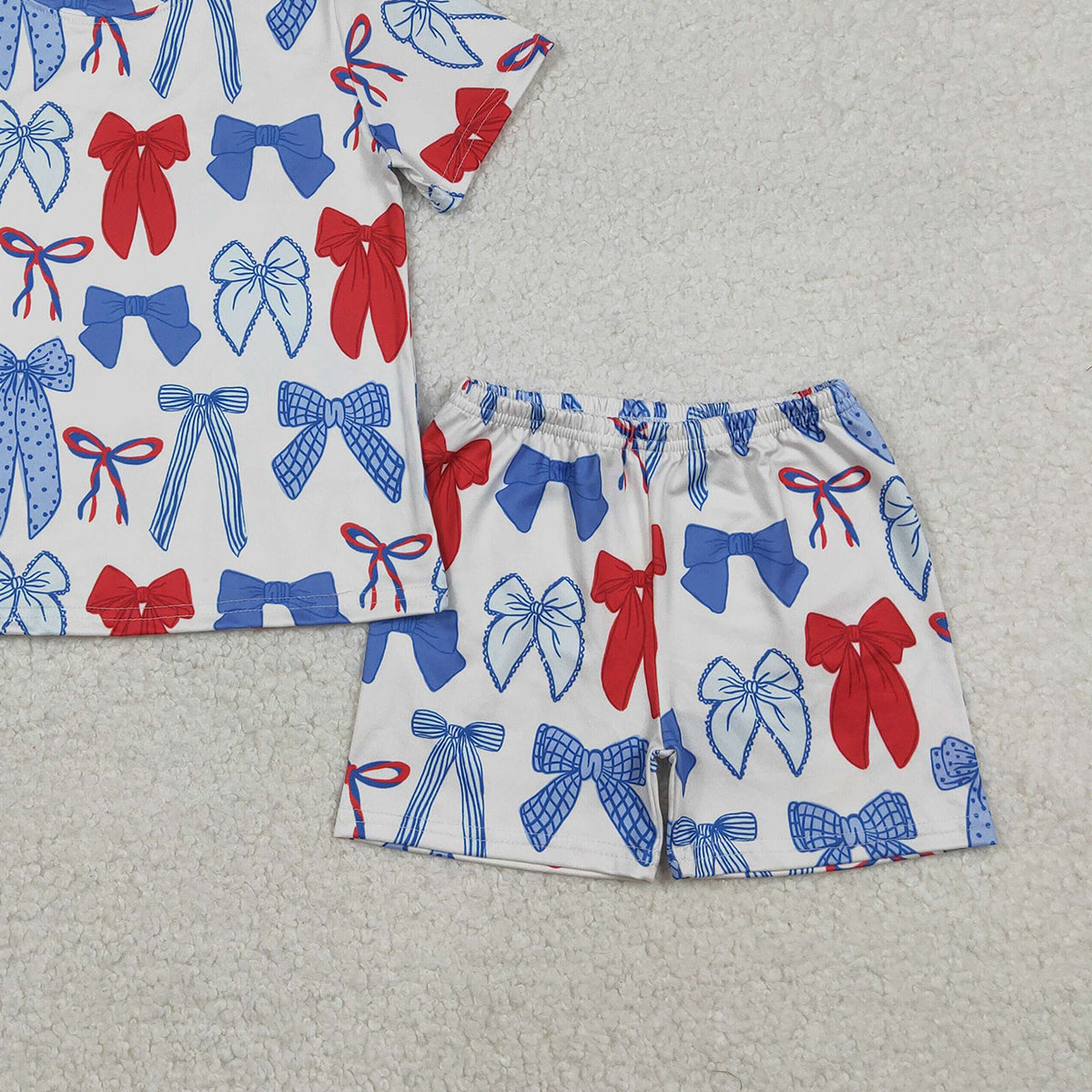 Baby Girls 4th of July Pajamas Set with Blue Red Bows Top And Shorts Patriotic Clothing for Babies