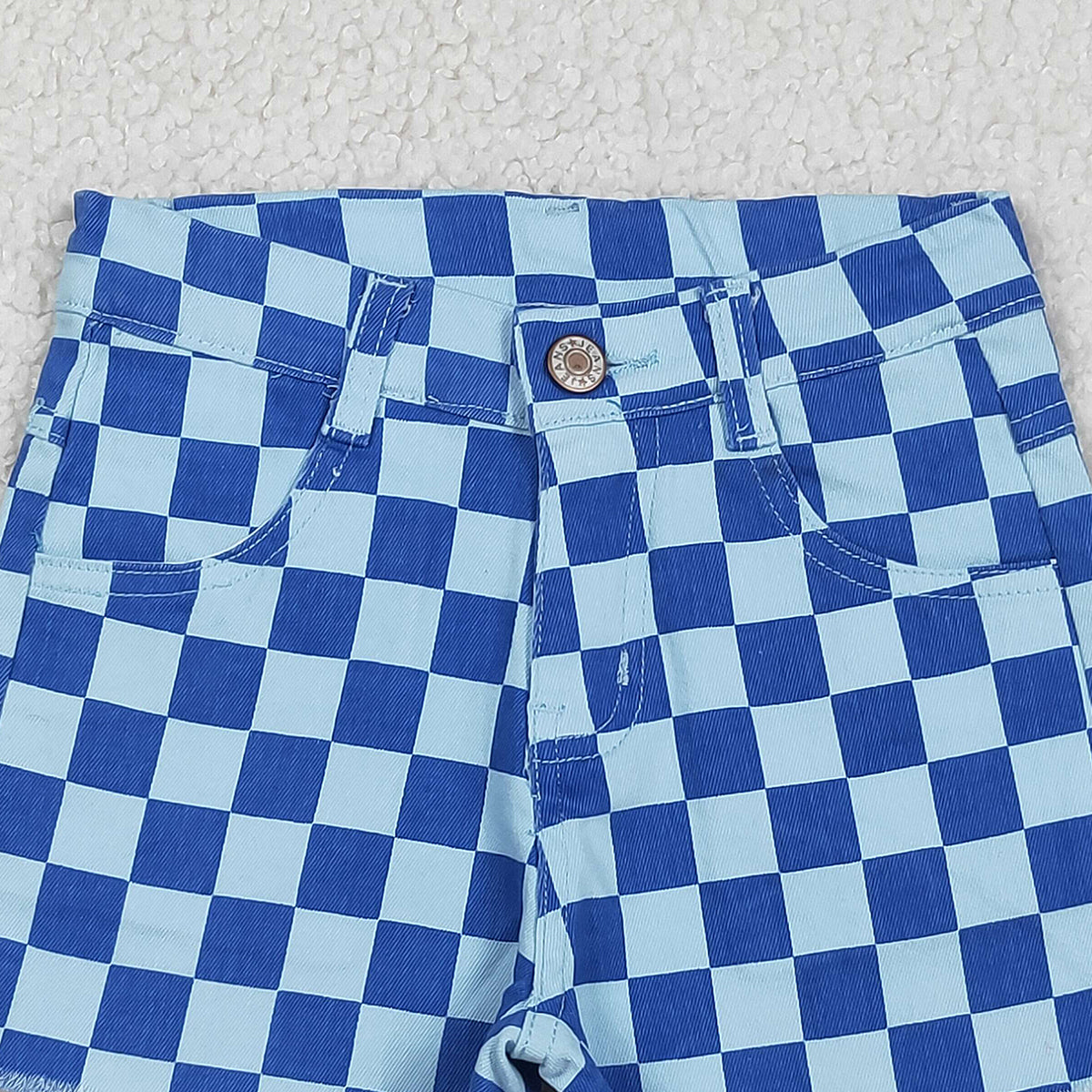 Baby Girls Blue Denim Shorts with Checked Pockets Bottom for Infants