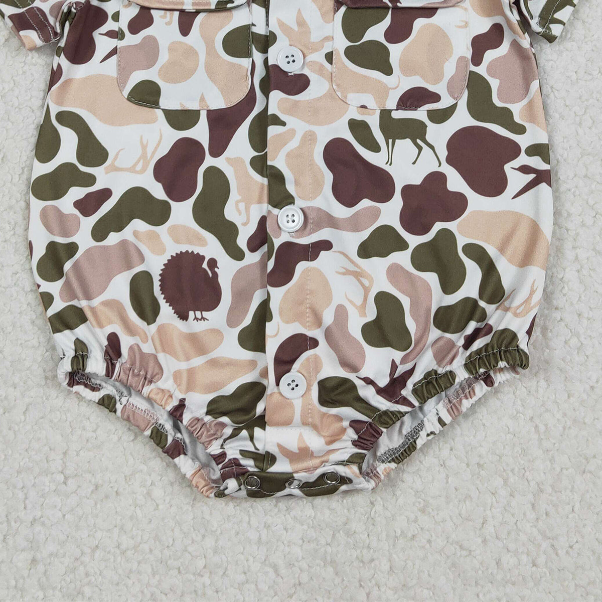 Baby Boys Camouflage Hunting Romper with Button Pockets Featuring Dogs Ducks Deer Print