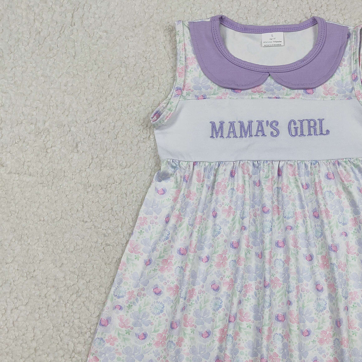 Baby Girls Lavender Floral Embroidery Mama's Girl Knee-Length Dress Feminine Elegant Clothing