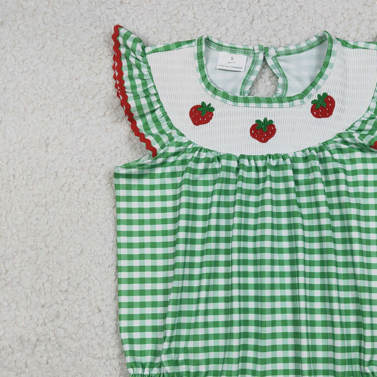 Smocked Strawberry Print Ruffle Rompers for Baby Girls Green Checked Cute Infant Clothing Summer Outfit