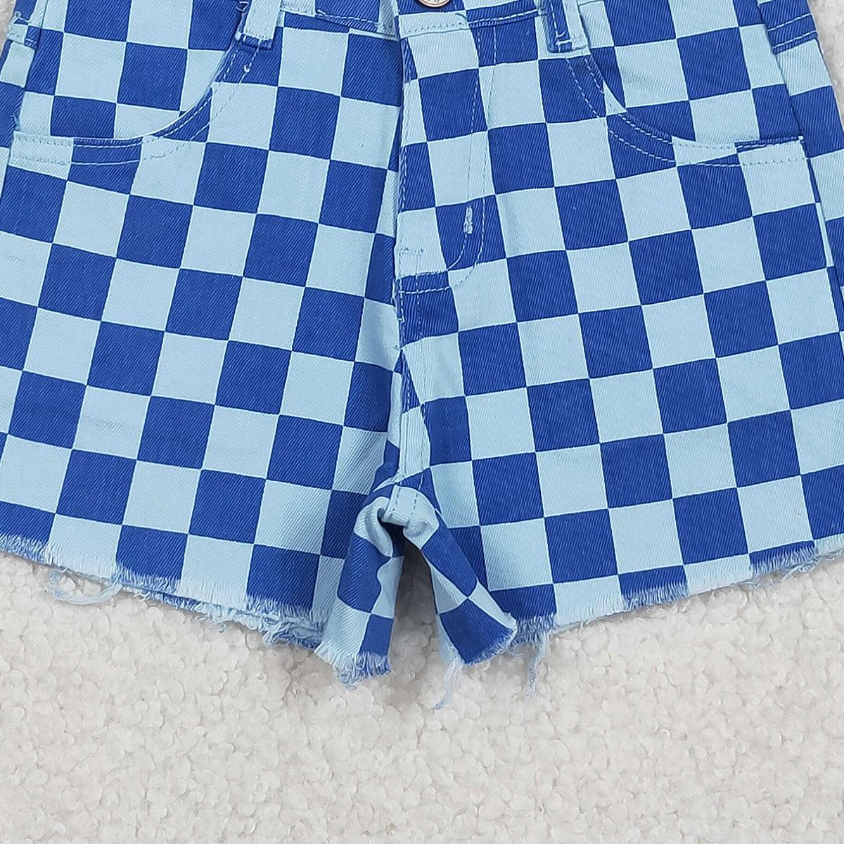 Baby Girls Blue Denim Shorts with Checked Pockets Bottom for Infants
