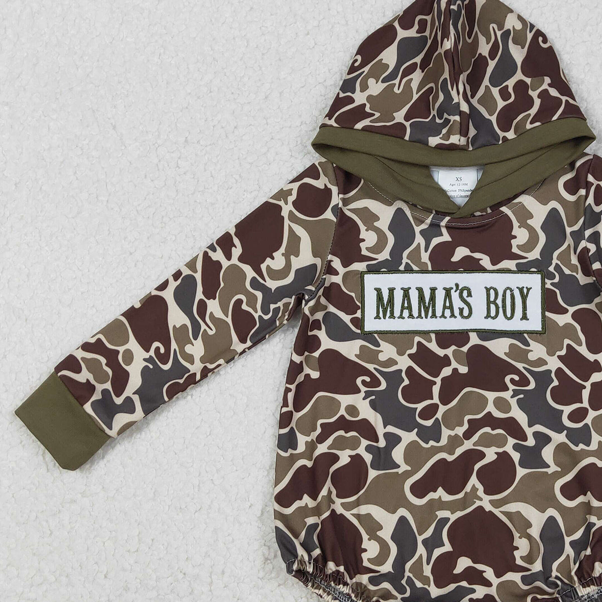 Baby Boys Dark Khaki Camo Hoodie Rompers Embroidery 'Mama's Boy' - Comfortable And Stylish Rompers for Little Ones