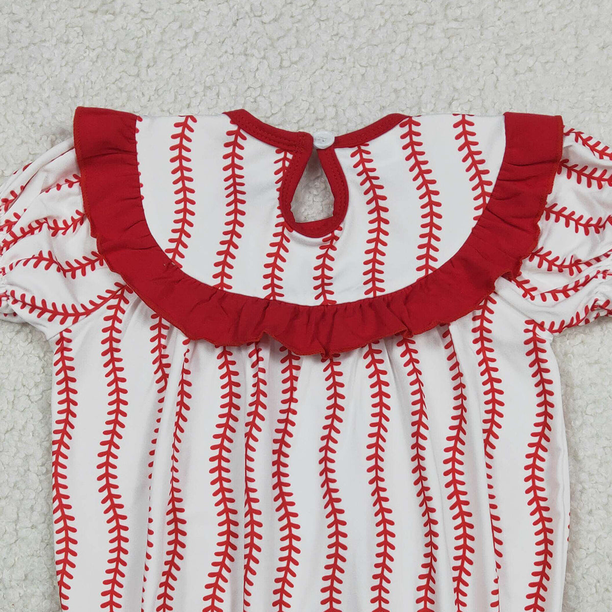 Girls Red Stripe Team Smocked Baseballs Bows Ruffle Rompers for Baby Cute Stripe Smocked Rompers for Little Ones