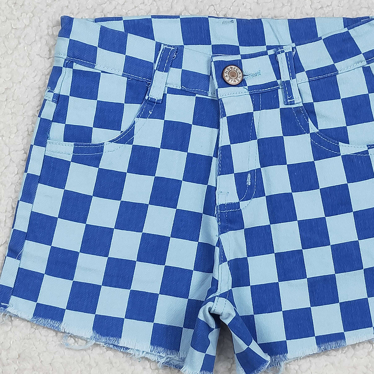 Baby Girls Blue Denim Shorts with Checked Pockets Bottom for Infants