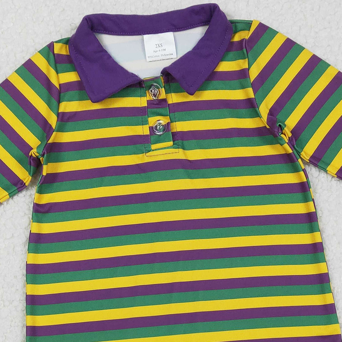 Baby Girls Footie Romper Purple Yellow Green Stripe Button Mardigras Design Comfortable Soft Material Baby Outfit