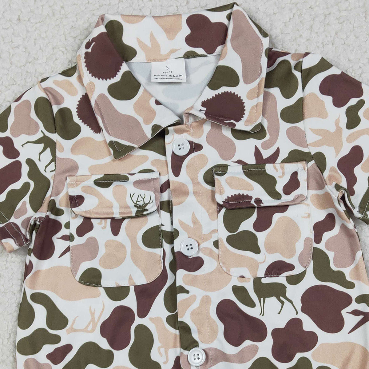 Baby Boys Camouflage Hunting Romper with Button Pockets Featuring Dogs Ducks Deer Print