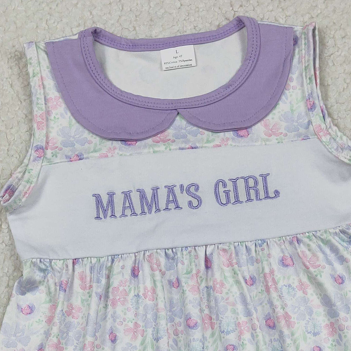 Baby Girls Lavender Floral Embroidery Mama's Girl Knee-Length Dress Feminine Elegant Clothing