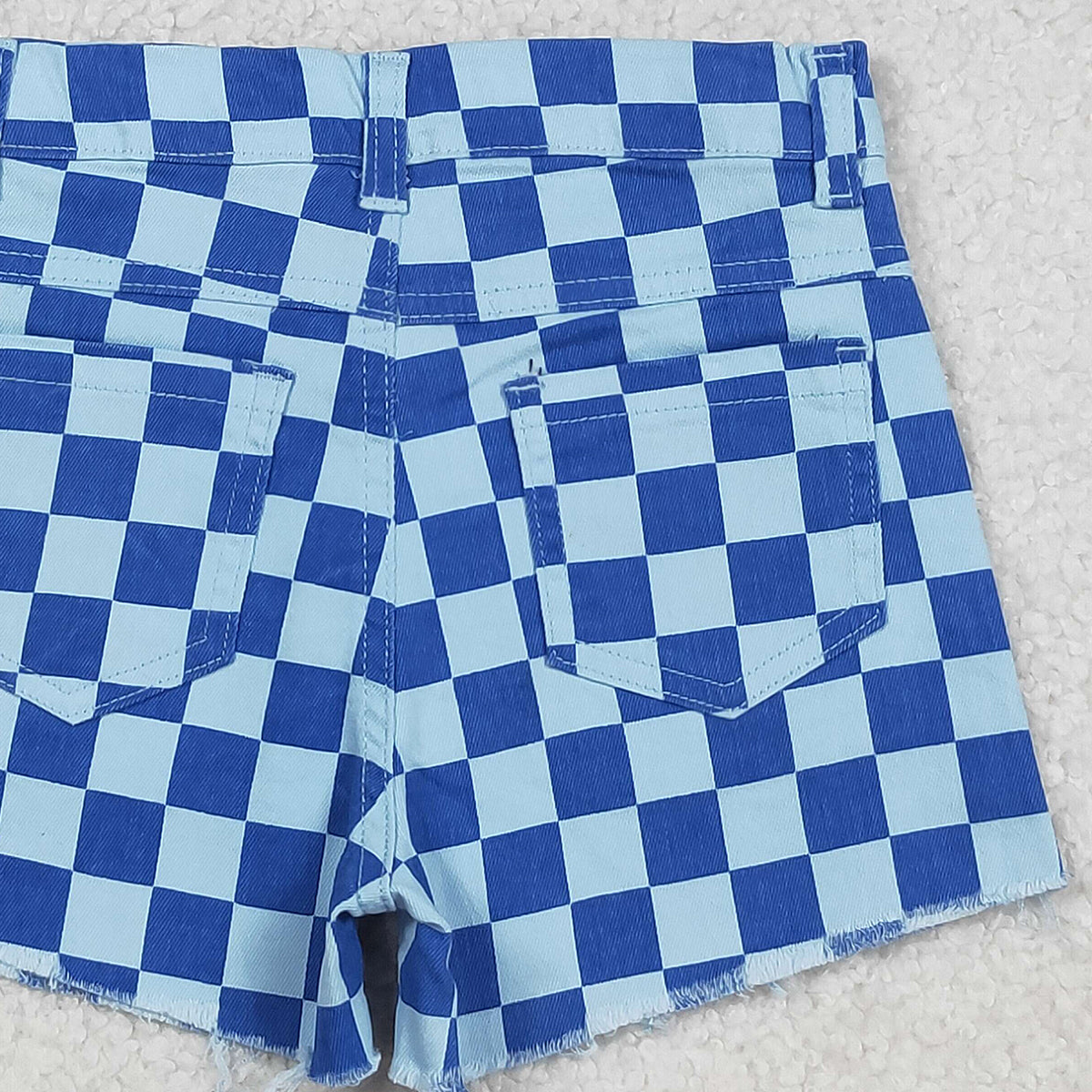 Baby Girls Blue Denim Shorts with Checked Pockets Bottom for Infants
