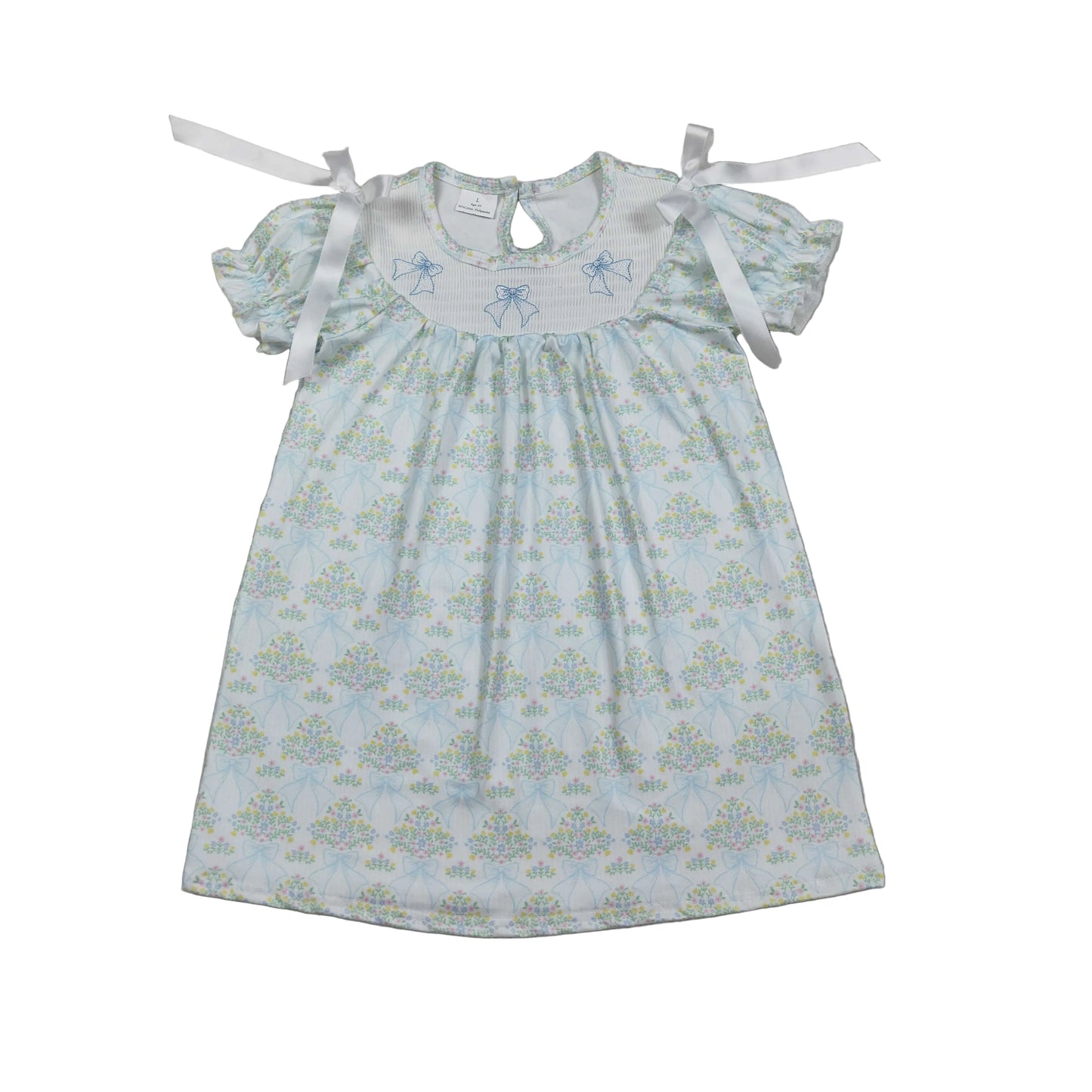 blue bow flower smock dress