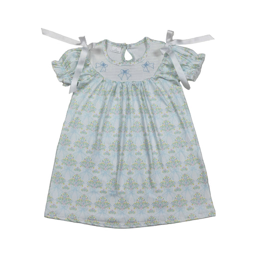 blue bow flower smock dress